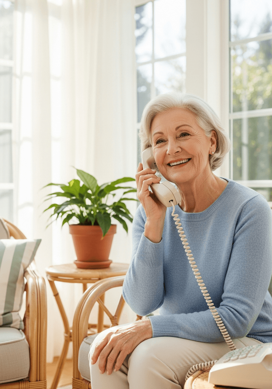 Older woman smiling in a bright sunroom while using a classic cream landline phone