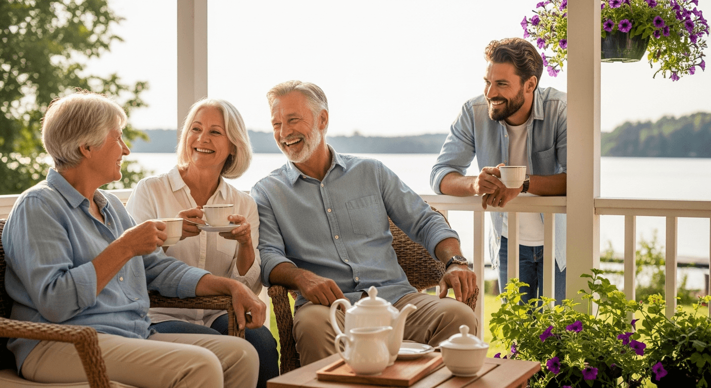 Older couple and their adult son enjoying tea together on a cottage porch
