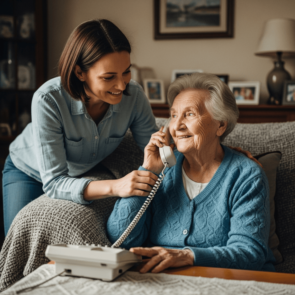 Smiling adult daughter helping her older mother with a phone