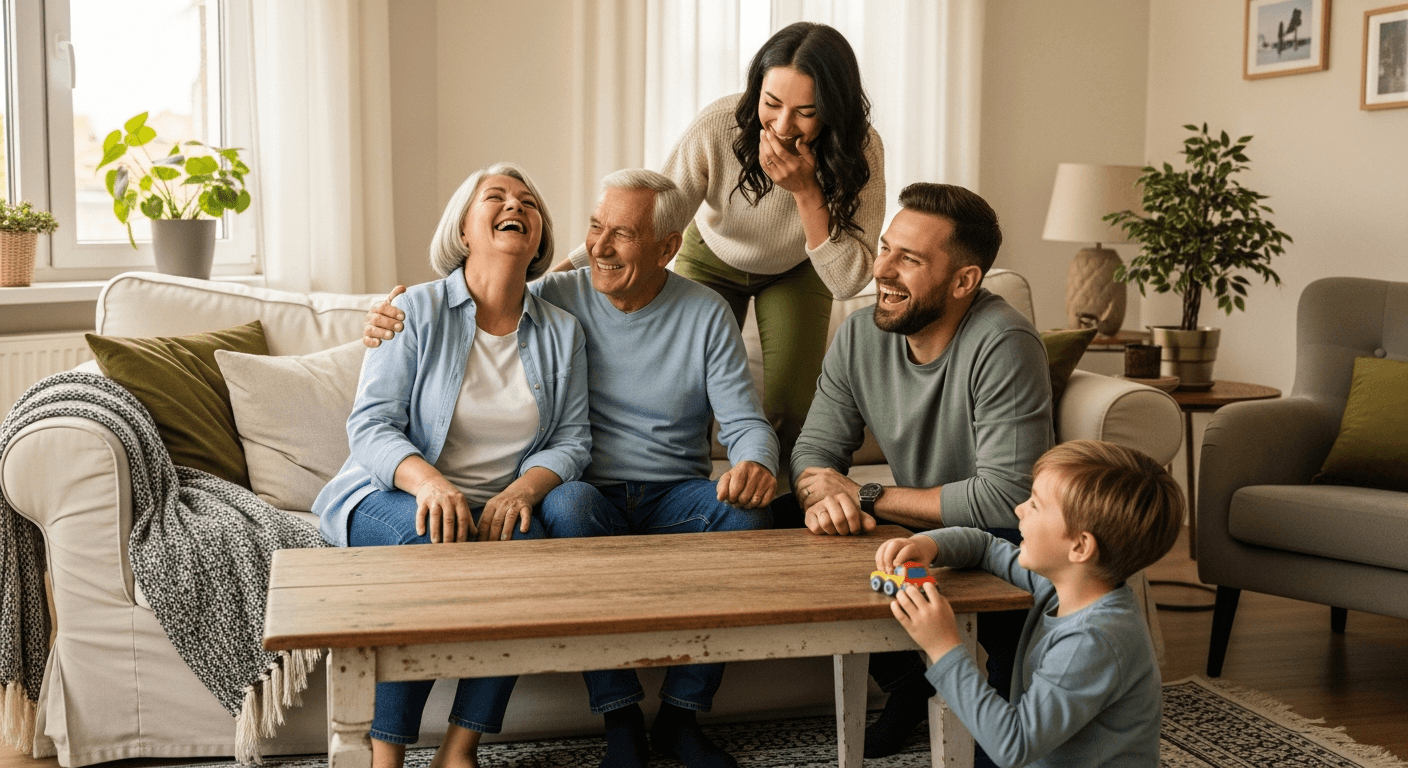 Grandparents, adult children, and a grandchild smiling together in a bright living room