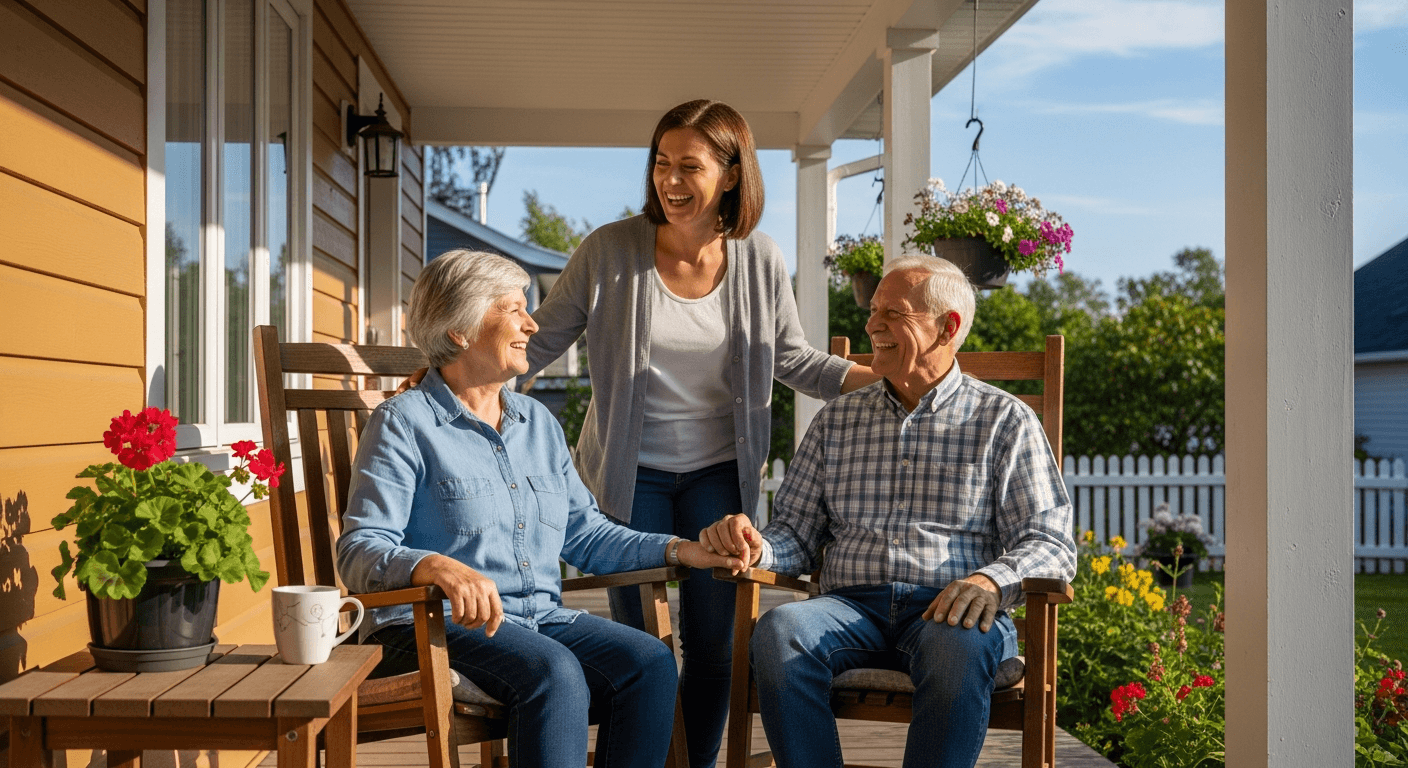 Older couple smiling with their adult daughter on a sunny front porch