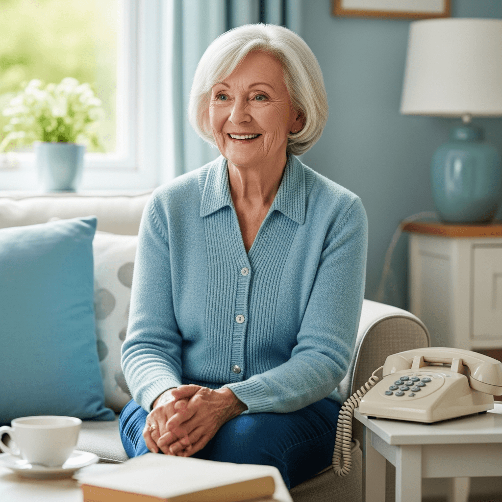 Smiling senior woman sitting comfortably with a home phone