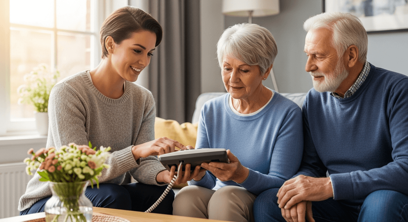 Friendly helper showing an older couple how to use a simple home phone