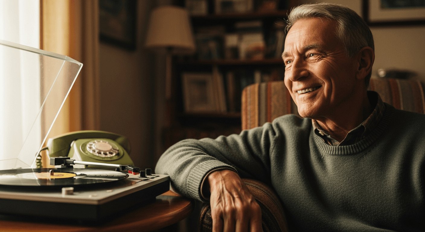 Older man smiling beside a record player and home phone in a cozy living room