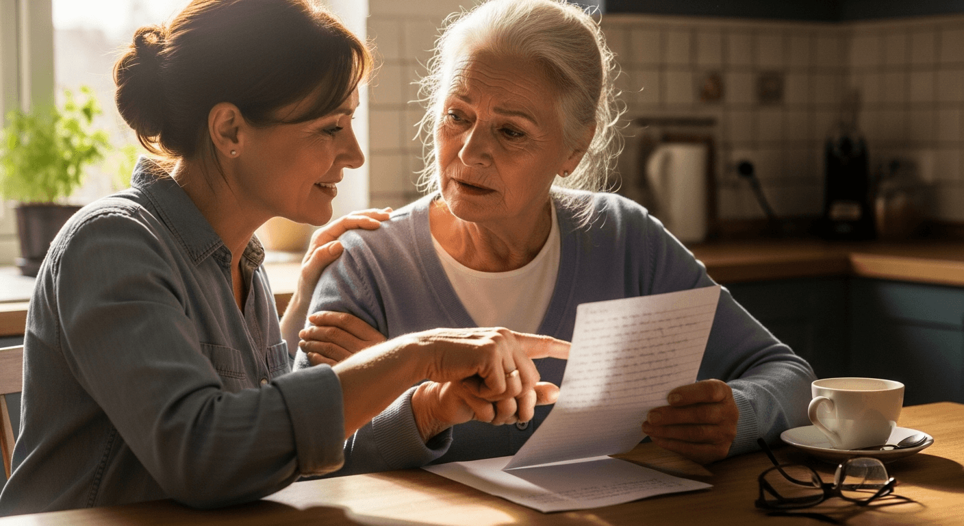Adult daughter helping her older mother review a suspicious phone call note at the kitchen table