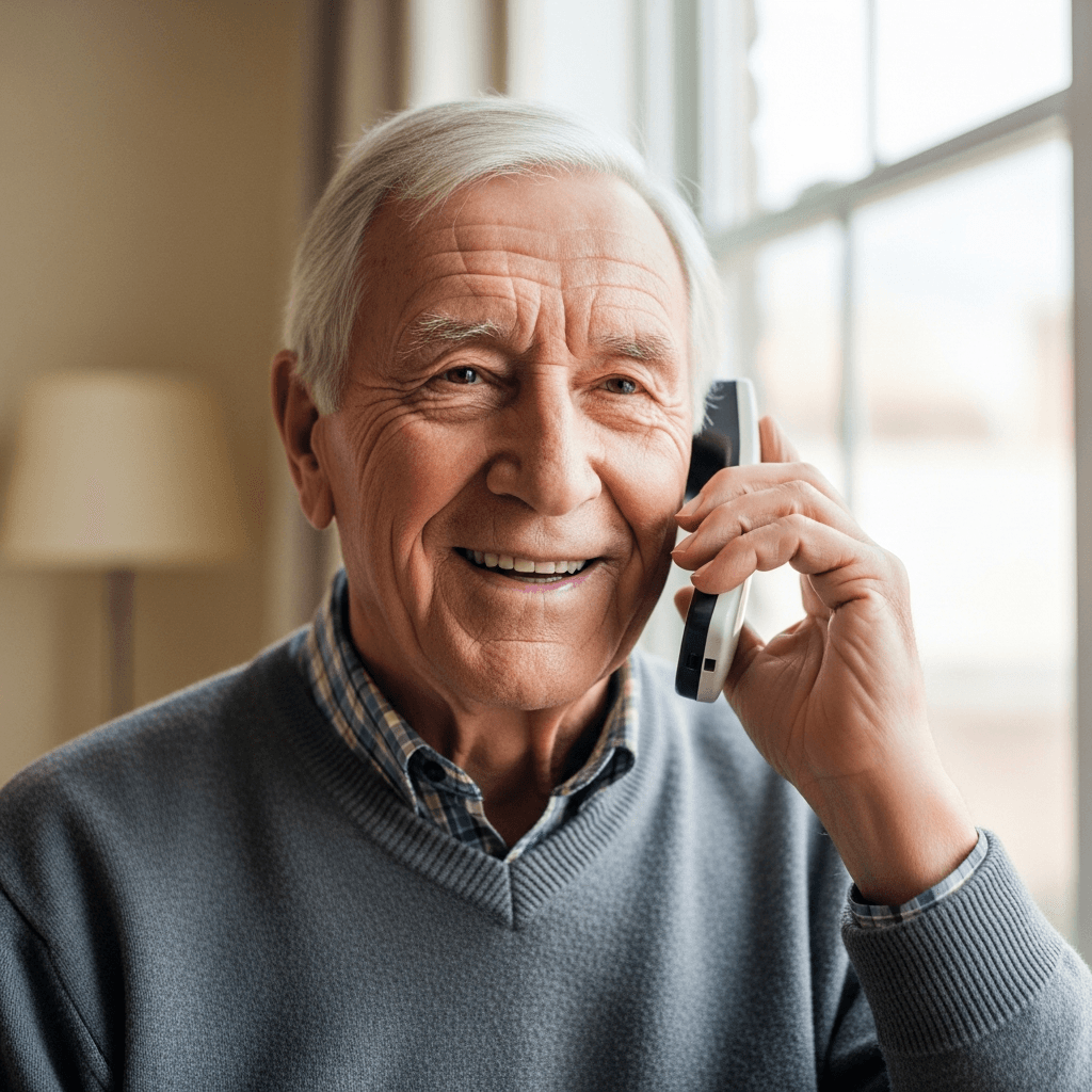 Smiling older man talking on the phone near a bright window