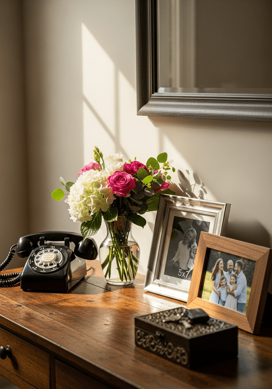 Vintage black home phone on a wooden entry table with framed family photos